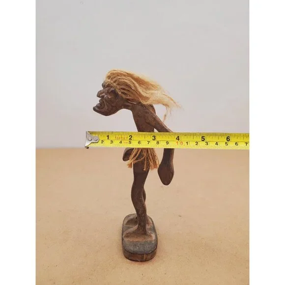 Vintage Hawaiian Carved Wood Tiki Kahuna Tribal , Hemp Rope Hair and Grass Skirt - Picture 16 of 16